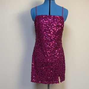 Dark Pink Sequined Dress Spaghetti Strap Lined Lace Up Back Wild Fable